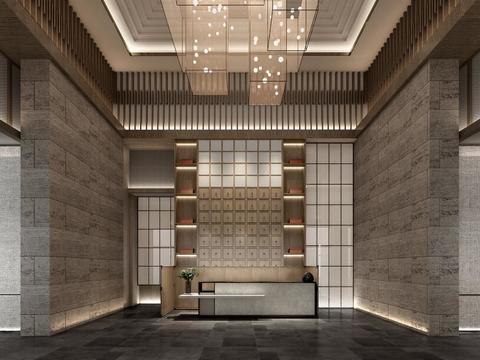  新中式会所大厅3d模型 