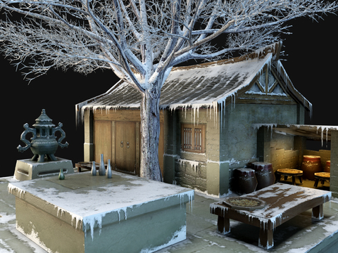  中式古建筑雪景砖瓦房3d模型 
