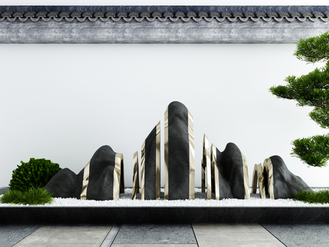  新中式假山绿植景观小品3d模型 