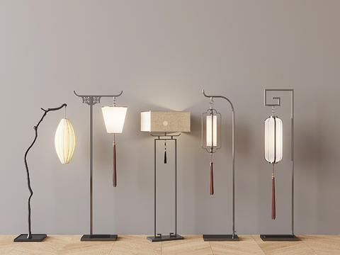  新中式禅意落地灯3d模型下载 现代金属布艺灯罩 室内装饰照明家具灯具 