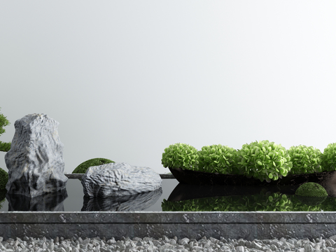  新中式松树水池水景小品3d模型 