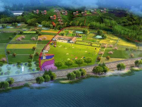  现代湿地公园帐篷露营鸟瞰psd 