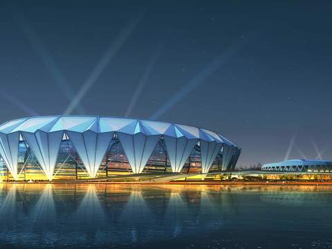  现代广场公园建筑外观夜景psd 