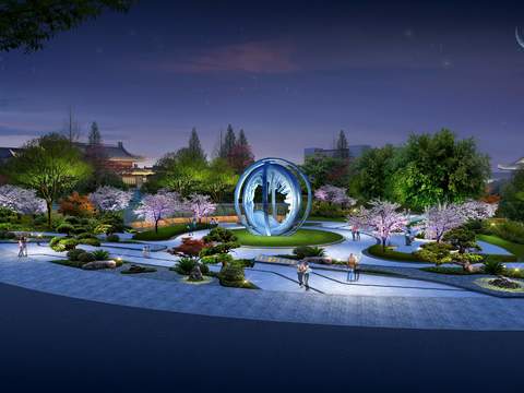  现代公园园林鸟瞰夜景psd 