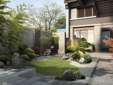  现代假石绿植造景小品psd 