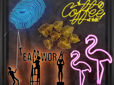  霓虹灯咖啡我们信任3d模型下载 指纹火烈鸟艺术设计 现代酒吧装饰 