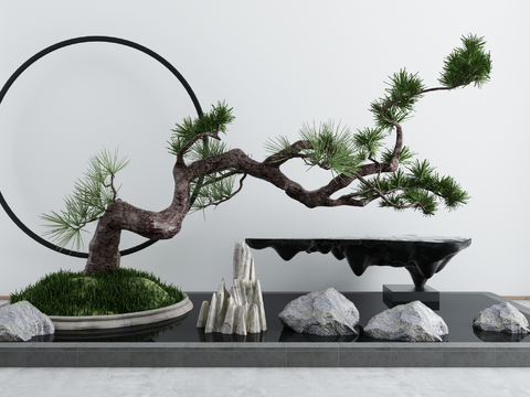  新中式枯山松树石头景观小品3d模型 