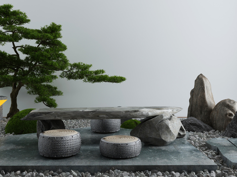  新中式枯山水石桌小品3d模型 