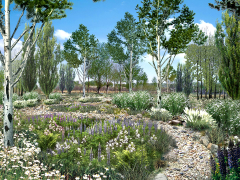  现代山间花卉园林景观psd 