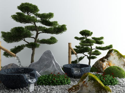  新中式松树流水景观小品3d模型 