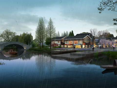  现代湖边商业楼夜景psd 