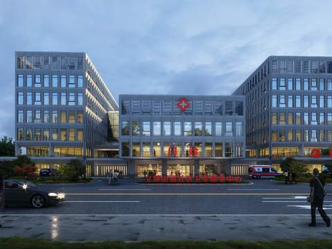  现代医院建筑外观夜景psd 