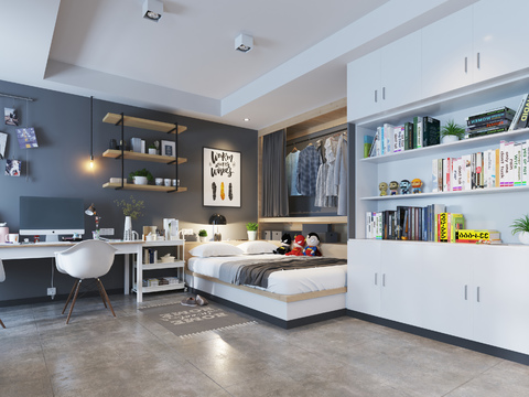  北欧单身公寓卧室3d模型 