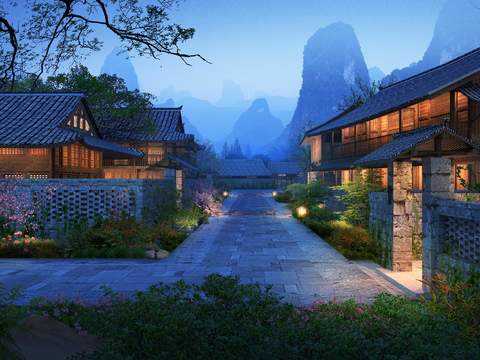  现代庭院公园园林夜景psd 