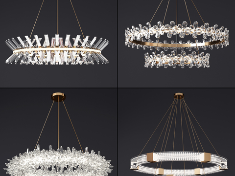  现代几何水晶吊灯3d模型下载 奢华金属环装饰灯具 优雅室内设计灯饰 