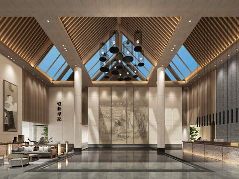  新中式酒店大堂前台3d模型 