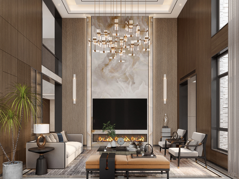  新中式挑高别墅客厅3d模型 