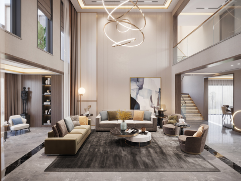  现代复式别墅客厅餐厅3d模型 