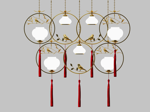  中式传统灯笼吊灯3d模型下载 金色鸟叶装饰白色灯笼 红色流苏节日庆典装饰品 