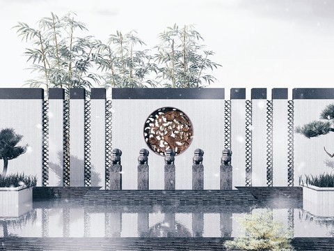  新中式园林景观墙3d模型 