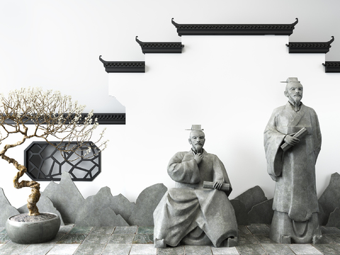  新中式古代文人雕塑马头墙片石盆栽组合3D模型 