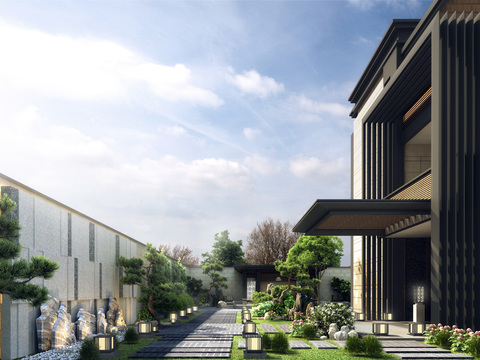  新中式别墅庭院3d模型 