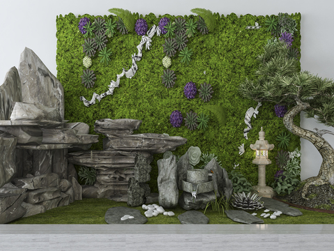 现代假山石头绿植景观小品3d模型 