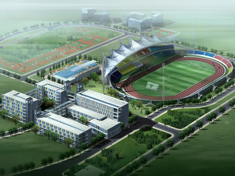  现代校园建筑外观鸟瞰景观psd 