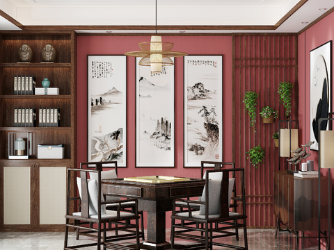  新中式麻将房3d模型 