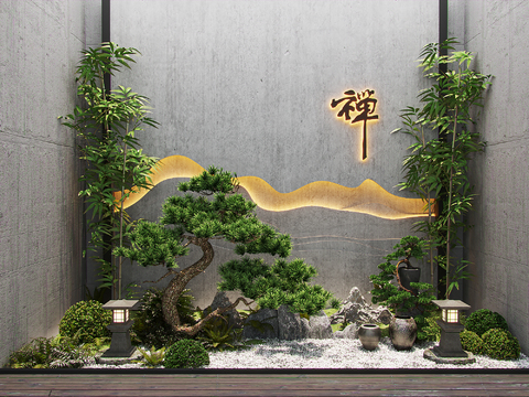  新中式室内松树景观小品3d模型 