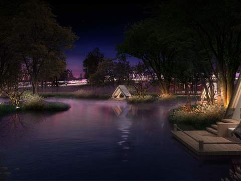  现代公园夜景景观PSD 