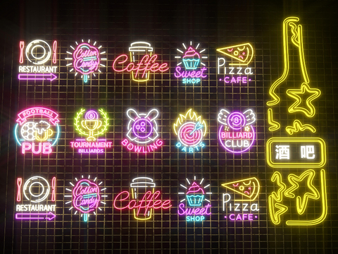  现代酒吧霓虹装饰灯墙面3d模型下载 餐饮娱乐场所灯光设计 咖啡馆餐厅墙面装饰 