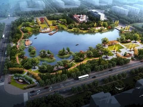  现代湿地园林鸟瞰景观psd 