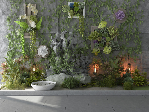  新中式假山绿植水景园艺小品3d模型 