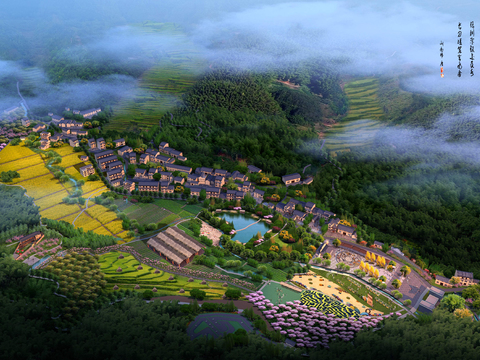  新中式公园园林鸟瞰psd 