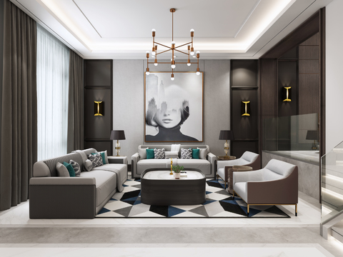  现代别墅客厅餐厅3d模型 