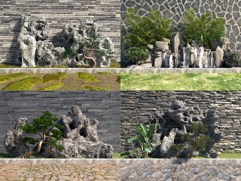  新中式假山流水景观小品3d模型 