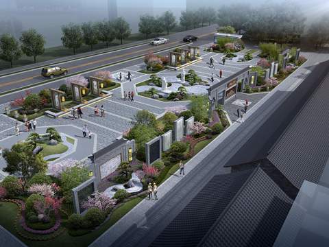  新中式公园园林鸟瞰psd 