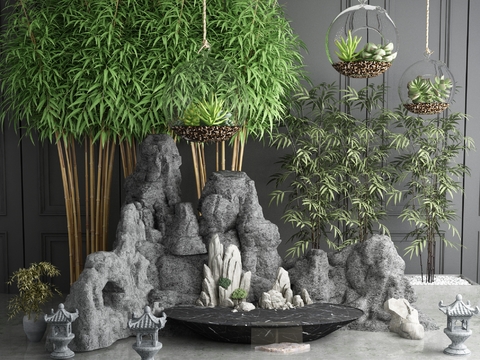  新中式假山石头竹子园艺小品3d模型 