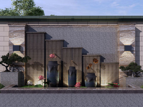  新中式荷花水景园艺小品3d模型 