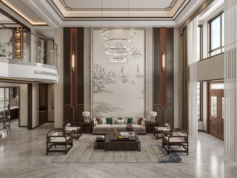  新中式轻奢挑空别墅客厅3d模型 