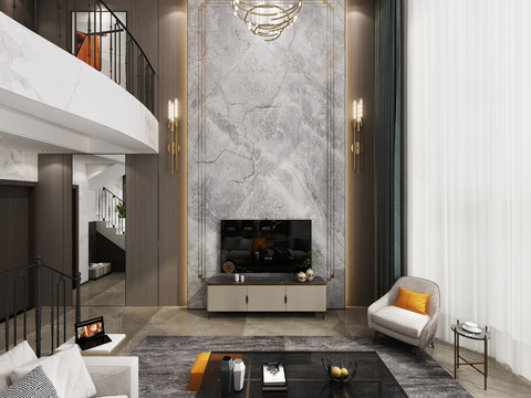  现代轻奢别墅客厅餐厅3d模型 