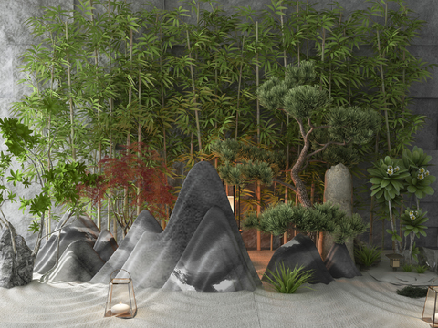  现代假山竹子园艺小品3d模型 