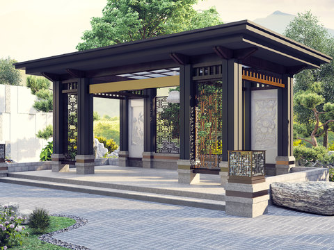  新中式庭院凉亭景观3d模型 