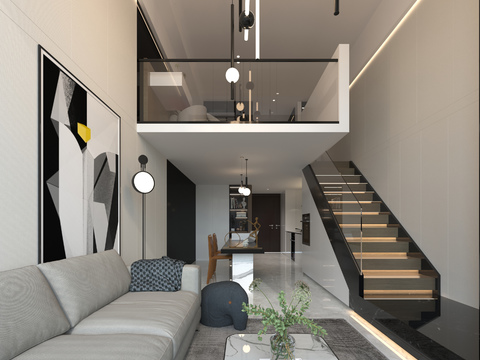  现代复式公寓客餐厅3d模型 