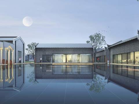  中式民宿会所中庭景观psd 