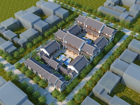  新中式徽派四合院鸟瞰3d模型 