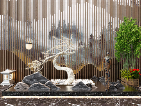  新中式假山雕塑松树园艺小品3d模型 