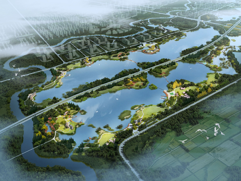  现代湿地园林鸟瞰psd 