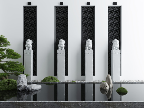  新中式庭院假山石狮小品3d模型 